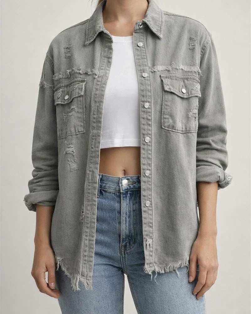 New Denim Jacket Women Solid Color Loose Jacket Holes Long-sleeved Women's Denim Shirt | JRSEE:0d901979-ad9b-4b53-9e5f-a3919ba05e43
