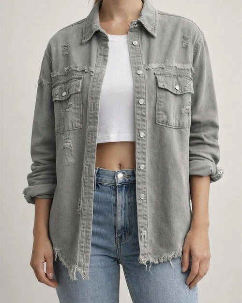 New Denim Jacket Women Solid Color Loose Jacket Holes Long-sleeved Women's Denim Shirt | JRSEE:0d901979-ad9b-4b53-9e5f-a3919ba05e43