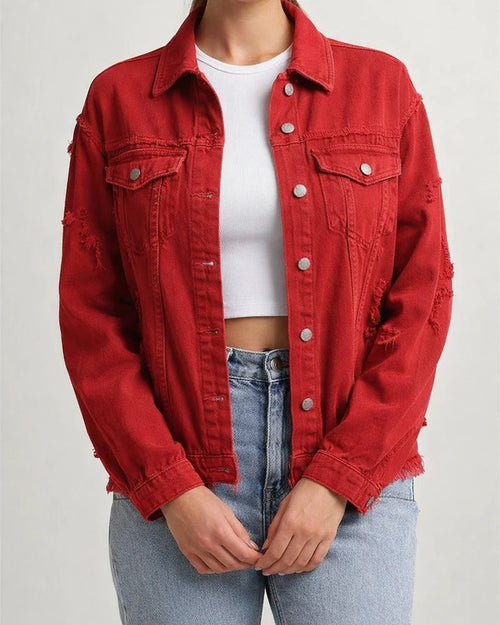 New Denim Jacket Women Solid Color Loose Jacket Holes Long-sleeved Women's Denim Shirt | JRSEE:91107bc6-f6dd-42b5-9f44-a798af7e132e