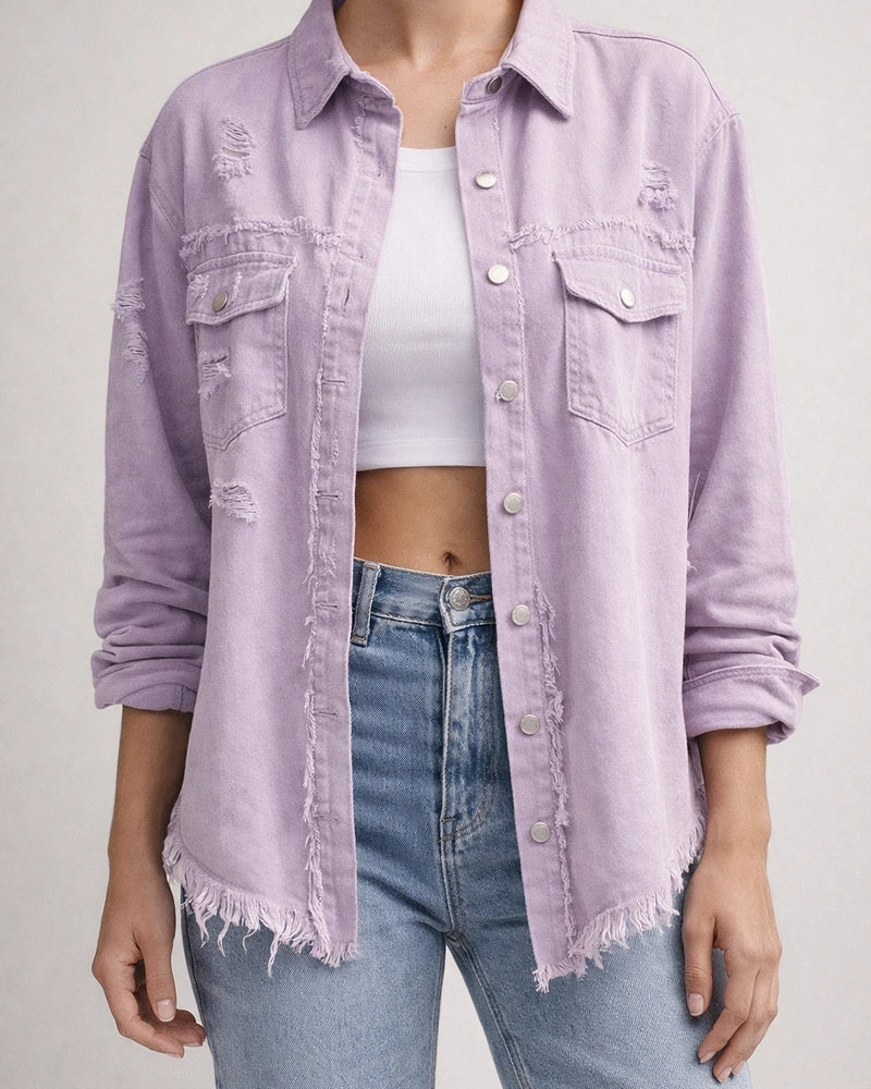 New Denim Jacket Women Solid Color Loose Jacket Holes Long-sleeved Women's Denim Shirt | JRSEE:440fc9d8-d01e-4fc5-ab0f-ffa95f933a8b