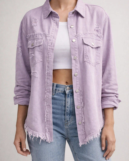 New Denim Jacket Women Solid Color Loose Jacket Holes Long-sleeved Women's Denim Shirt | JRSEE:440fc9d8-d01e-4fc5-ab0f-ffa95f933a8b