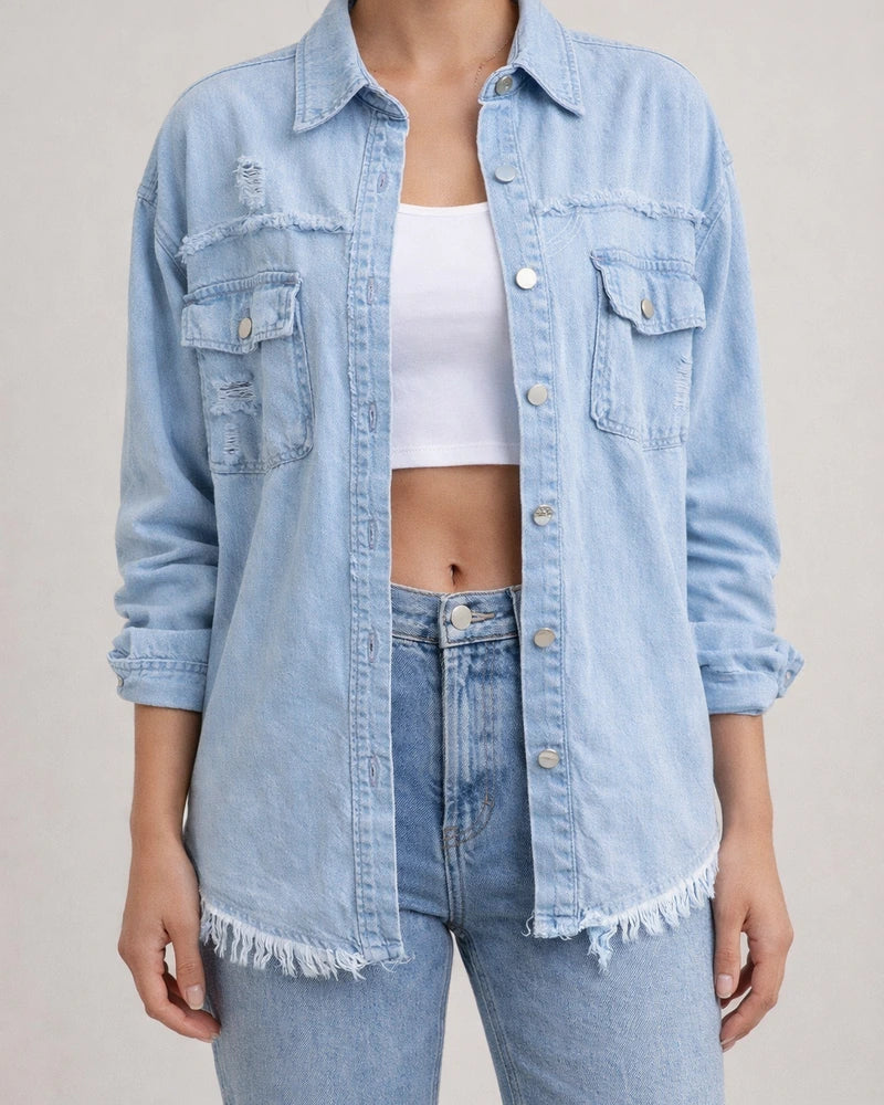 New Denim Jacket Women Solid Color Loose Jacket Holes Long-sleeved Women's Denim Shirt | JRSEE:bd45f2cb-212d-40fb-81f1-3fa71a6bac3e