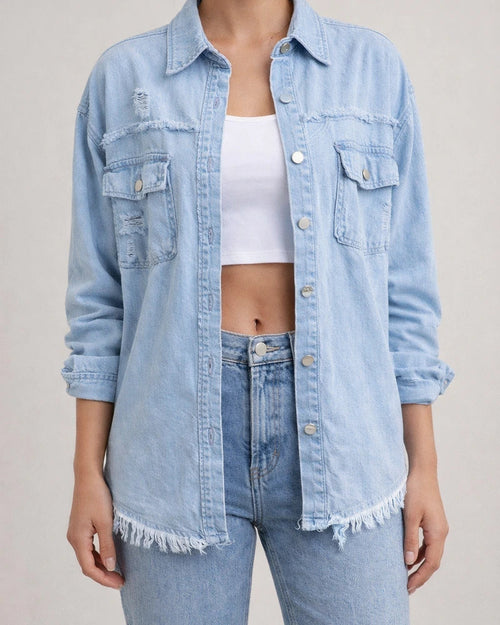New Denim Jacket Women Solid Color Loose Jacket Holes Long-sleeved Women's Denim Shirt | JRSEE:bd45f2cb-212d-40fb-81f1-3fa71a6bac3e