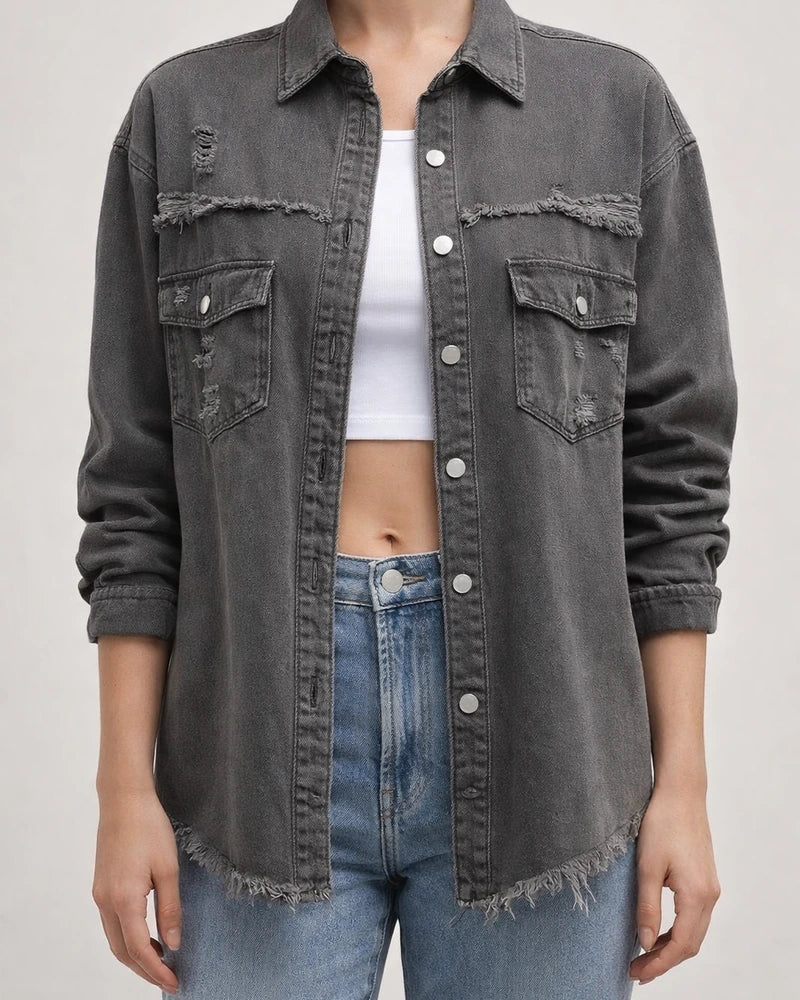 New Denim Jacket Women Solid Color Loose Jacket Holes Long-sleeved Women's Denim Shirt | JRSEE:feffc36c-02f2-4eaa-ab7e-56e1886e86f6
