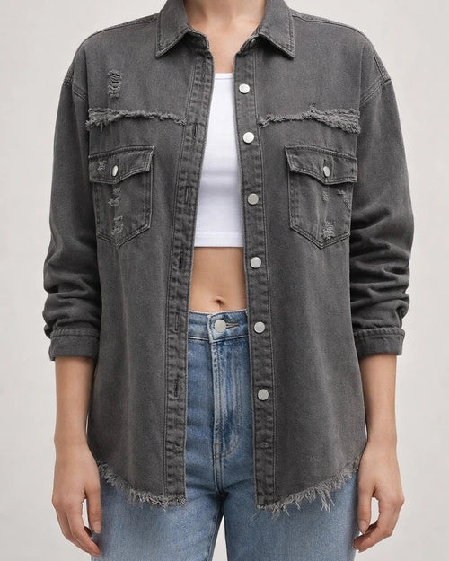 New Denim Jacket Women Solid Color Loose Jacket Holes Long-sleeved Women's Denim Shirt | JRSEE:feffc36c-02f2-4eaa-ab7e-56e1886e86f6