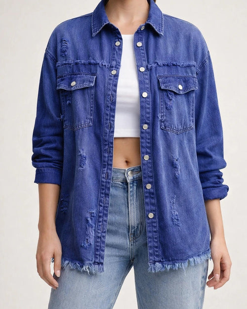 New Denim Jacket Women Solid Color Loose Jacket Holes Long-sleeved Women's Denim Shirt | JRSEE:5bb4c6a3-9f41-4e4e-9167-997d39a2a549