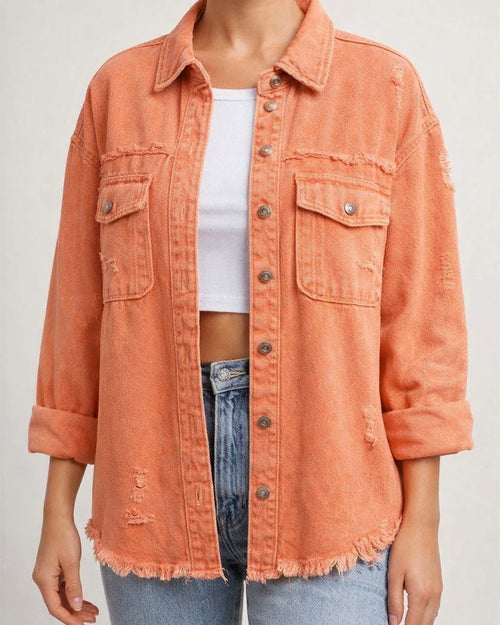 New Denim Jacket Women Solid Color Loose Jacket Holes Long-sleeved Women's Denim Shirt | JRSEE:5d9026db-8fe1-4fa5-bb62-d427e8096c06