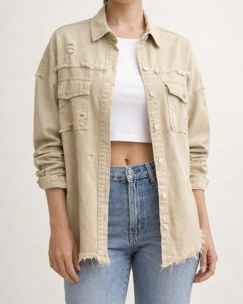 New Denim Jacket Women Solid Color Loose Jacket Holes Long-sleeved Women's Denim Shirt | JRSEE:9f3534c6-0ed5-4001-b628-1ce0720a8c4d