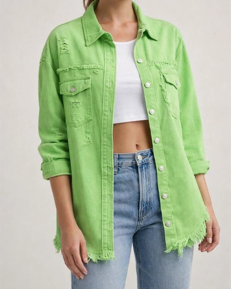New Denim Jacket Women Solid Color Loose Jacket Holes Long-sleeved Women's Denim Shirt | JRSEE:2776258a-c779-45e8-9e7c-3548ccae481e