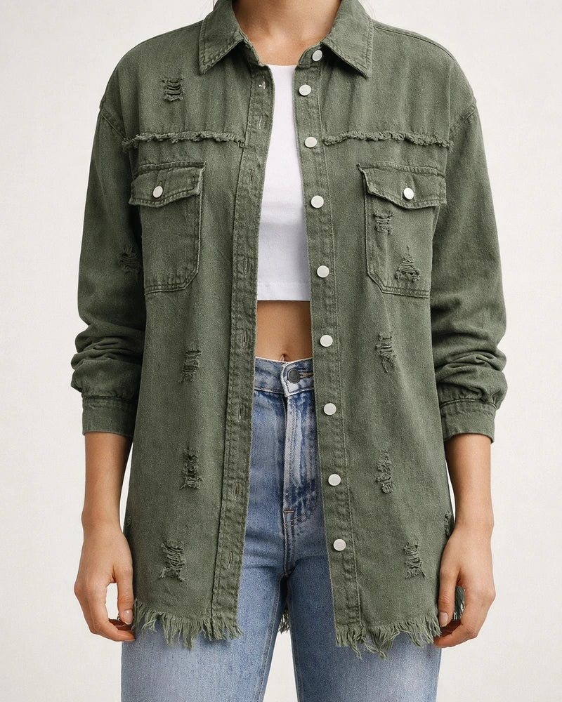 New Denim Jacket Women Solid Color Loose Jacket Holes Long-sleeved Women's Denim Shirt | JRSEE:e0dd2596-bf02-46ed-8fea-fbba068f5cfd