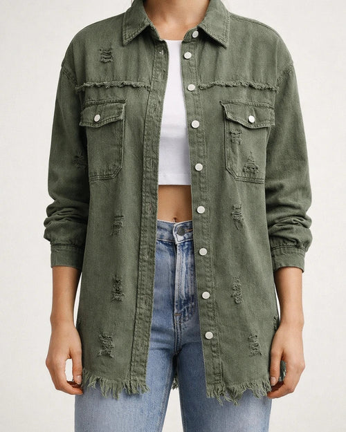 New Denim Jacket Women Solid Color Loose Jacket Holes Long-sleeved Women's Denim Shirt | JRSEE:e0dd2596-bf02-46ed-8fea-fbba068f5cfd
