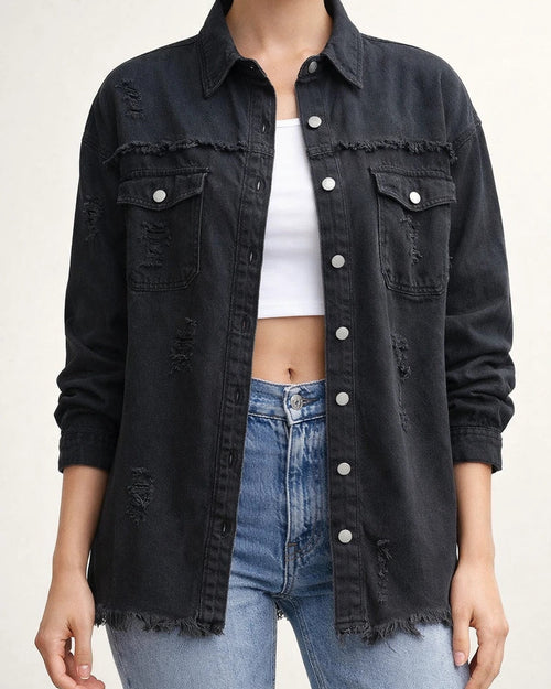 New Denim Jacket Women Solid Color Loose Jacket Holes Long-sleeved Women's Denim Shirt | JRSEE:a5b3522d-d5a6-4876-96ba-c26eb8abde7f