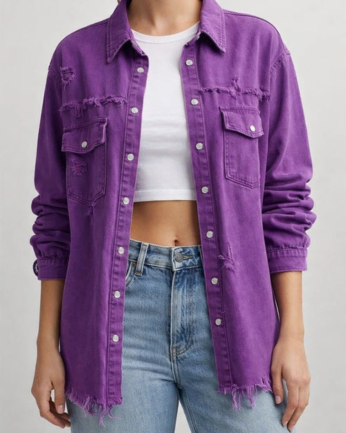New Denim Jacket Women Solid Color Loose Jacket Holes Long-sleeved Women's Denim Shirt | JRSEE:54a1e470-82c8-4bff-861c-d1114810de2a