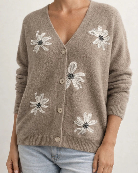 New European and American Ladies Long-sleeved Cardigan Embroidered V-neck Knitted Sweater | JRSEE:d495fcbf-3db8-4724-9414-ace951450656