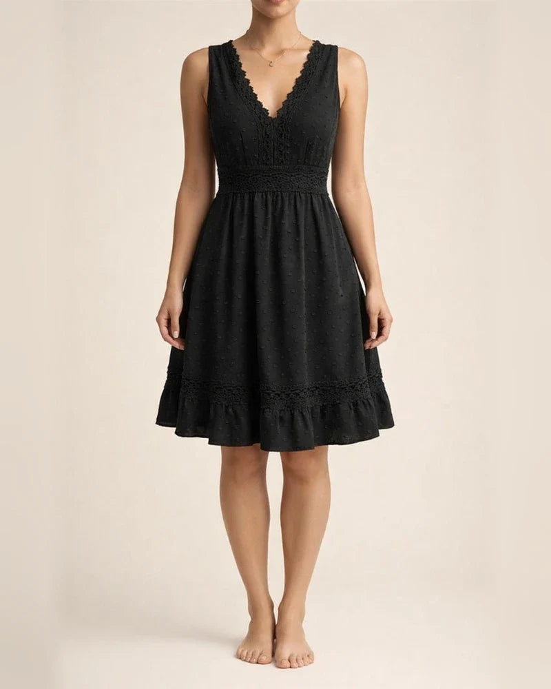 New Explosive Version of Lace Splicing Pleated V-neck Sexy Backless Solid Color Sleeveless A-line Dress Dress | JRSEE:6ec1078e-027f-4d88-b2ec-0b9a008951af