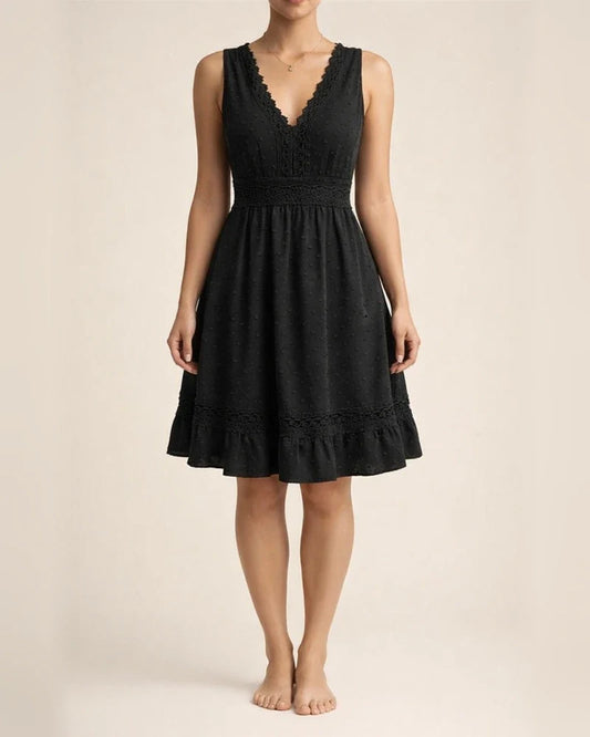 New Explosive Version of Lace Splicing Pleated V-neck Sexy Backless Solid Color Sleeveless A-line Dress Dress | JRSEE:6ec1078e-027f-4d88-b2ec-0b9a008951af