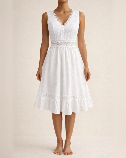 New Explosive Version of Lace Splicing Pleated V-neck Sexy Backless Solid Color Sleeveless A-line Dress Dress | JRSEE:d7446f0a-d9b4-40a8-a8bf-63912c5b1953