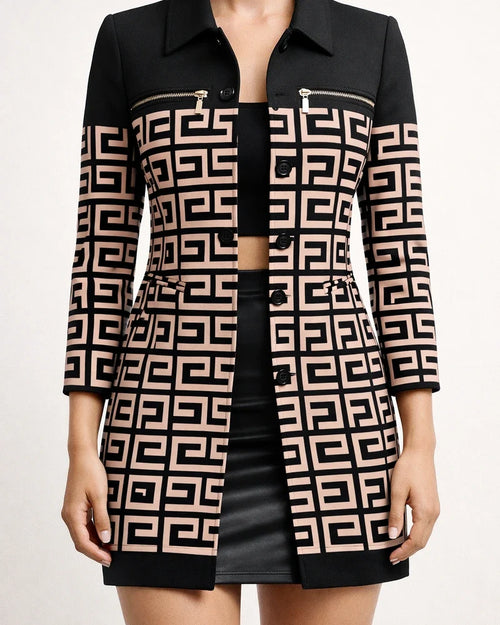 New Fall and Winter New Long-sleeved Single-breasted Geometric Pattern Print Lapel Straight Small Jacket | JRSEE:09b8546e-a0b2-4201-934e-5633a0ed2514