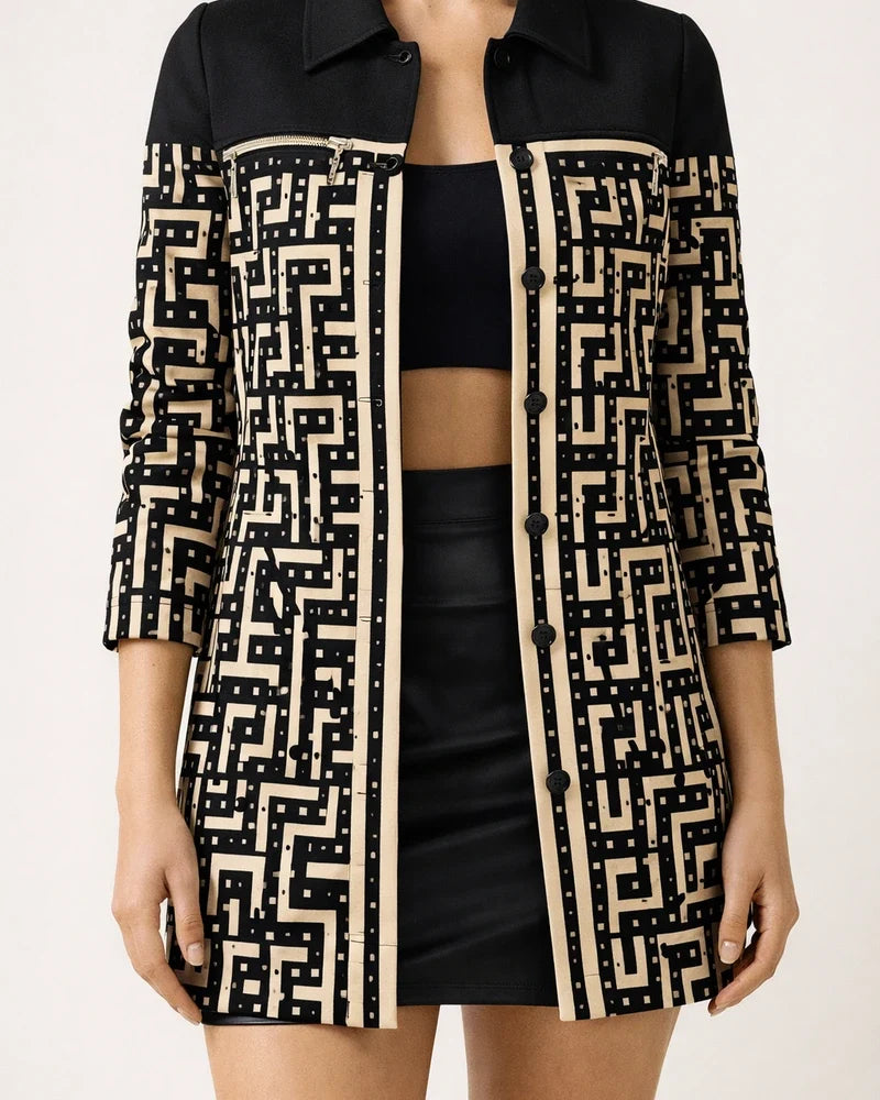 New Fall and Winter New Long-sleeved Single-breasted Geometric Pattern Print Lapel Straight Small Jacket | JRSEE:688209e5-0ffb-4bb3-853c-0e69216fb6aa
