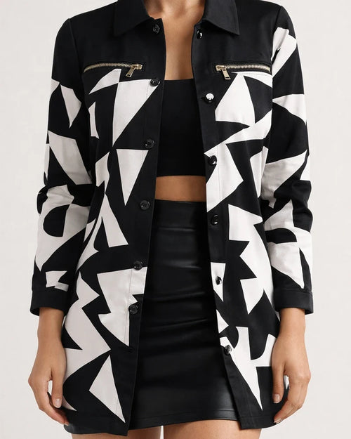 New Fall and Winter New Long-sleeved Single-breasted Geometric Pattern Print Lapel Straight Small Jacket | JRSEE:fc3ff66a-795c-49a1-be0b-08600ec49db7