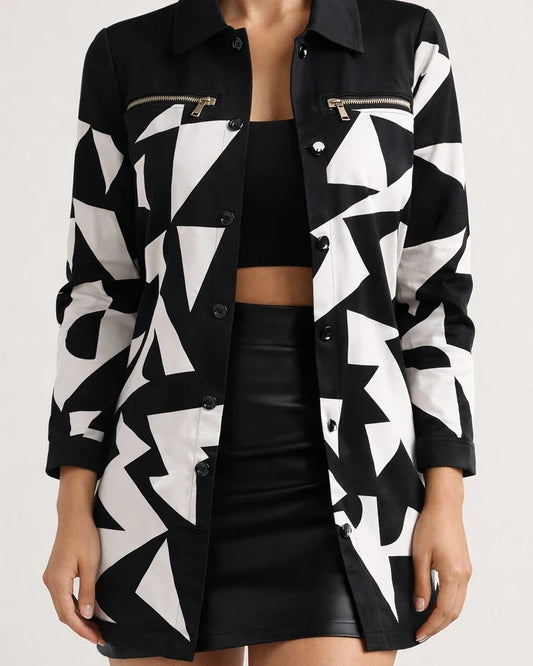 New Fall and Winter New Long-sleeved Single-breasted Geometric Pattern Print Lapel Straight Small Jacket | JRSEE:fc3ff66a-795c-49a1-be0b-08600ec49db7