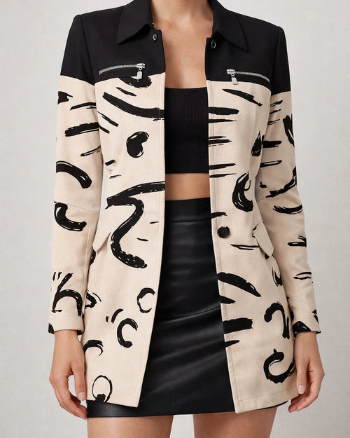 New Fall and Winter New Long-sleeved Single-breasted Geometric Pattern Print Lapel Straight Small Jacket | JRSEE:8c5e870a-f65d-43df-a460-468566658f55