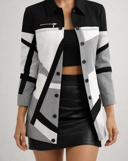 New Fall and Winter New Long-sleeved Single-breasted Geometric Pattern Print Lapel Straight Small Jacket | JRSEE:e0f0add8-7195-470d-8f92-2226f8180ad4