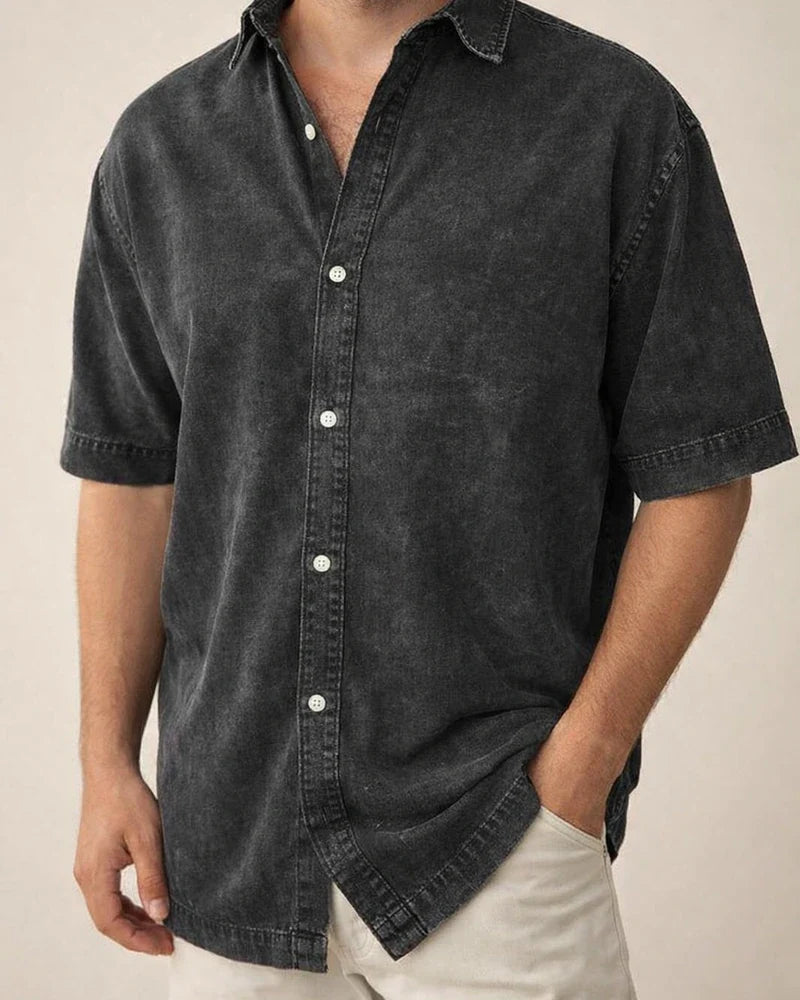 New Fall Men’s Retro Casual Notched-Collar Solid-Color Short-Sleeve Shirt | JRSEE:713806c3-f6c3-4a28-8319-5d6292fd4d46