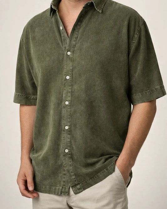 New Fall Men’s Retro Casual Notched-Collar Solid-Color Short-Sleeve Shirt | JRSEE:c7228ec0-f42b-424a-814a-3457c5d48ab9