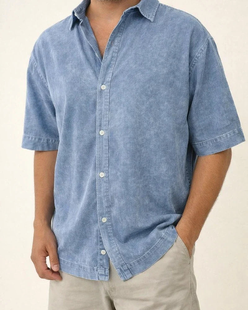 New Fall Men’s Retro Casual Notched-Collar Solid-Color Short-Sleeve Shirt | JRSEE:7fd88b67-93f1-4f6d-8318-1f5603995a6d