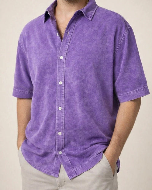 New Fall Men’s Retro Casual Notched-Collar Solid-Color Short-Sleeve Shirt | JRSEE:450f879f-d569-47bf-ad8e-581242f19371