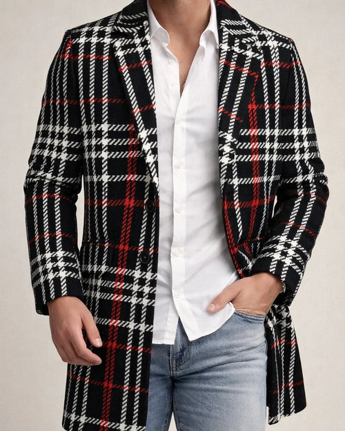New Fall/Winter Men's Woolen Stand Collar Mid-Length Casual Tweed Printed Coat | JRSEE:8dc94734-51d1-436a-97fd-73b805ce4799