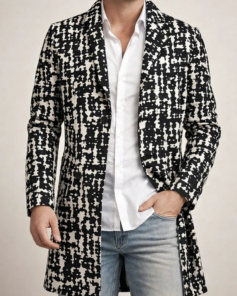 New Fall/Winter Men's Woolen Stand Collar Mid-Length Casual Tweed Printed Coat | JRSEE:3b514a99-f34e-4019-b837-8b16f3d394f8