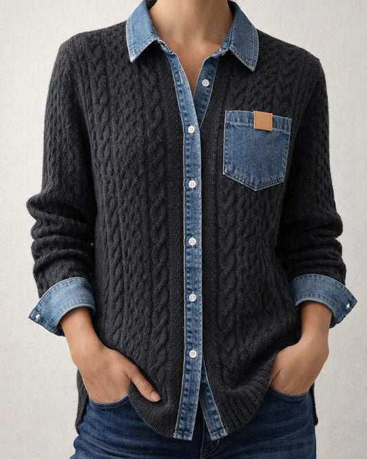 New Knit Patchwork Denim Shirt for Women - Fall/Winter Fashion Long Sleeve Cardigan Jacket | JRSEE:11774062-83b8-4428-aed7-c526a7c9ef2a