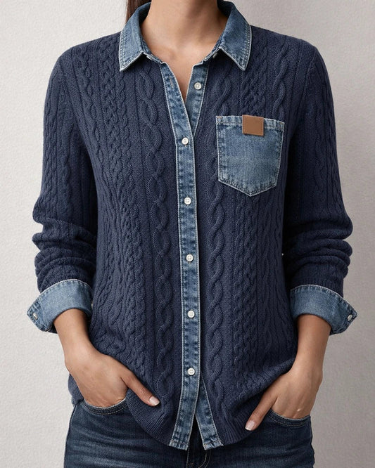 New Knit Patchwork Denim Shirt for Women - Fall/Winter Fashion Long Sleeve Cardigan Jacket | JRSEE:e95a1a39-067e-477b-8599-49090e95e5ee