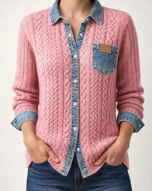 New Knit Patchwork Denim Shirt for Women - Fall/Winter Fashion Long Sleeve Cardigan Jacket | JRSEE:a4128d97-5527-455e-ac33-b39e8137f521