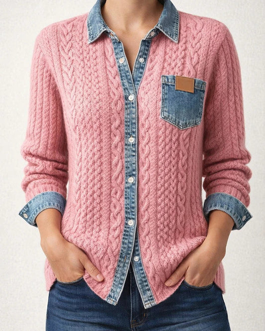 New Knit Patchwork Denim Shirt for Women - Fall/Winter Fashion Long Sleeve Cardigan Jacket | JRSEE:a4128d97-5527-455e-ac33-b39e8137f521