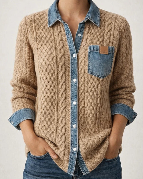 New Knit Patchwork Denim Shirt for Women - Fall/Winter Fashion Long Sleeve Cardigan Jacket | JRSEE:65bab083-008f-433c-b7fa-8687d5126d17