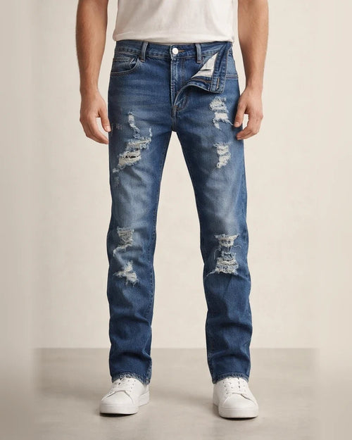 New Men's Broken Holes Grinding White Slim Denim Pants Casual Small Feet Pants | JRSEE:9ac93db6-8001-4deb-b997-d6cac7dbe3be