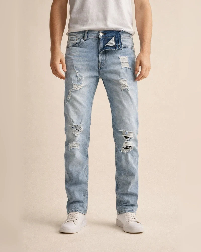 New Men's Broken Holes Grinding White Slim Denim Pants Casual Small Feet Pants | JRSEE:59b2d9b1-7443-4876-b02d-be9ad38ad487