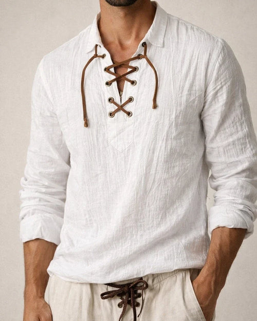 New Men's Linen Turn-down Collar Tie-front Shirt Casual and Stylish V-neck Long-sleeve Shirt | JRSEE:598d099b-d9cb-497f-b075-36ac5c4b8cba