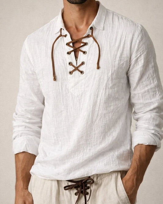 New Men's Linen Turn-down Collar Tie-front Shirt Casual and Stylish V-neck Long-sleeve Shirt | JRSEE:598d099b-d9cb-497f-b075-36ac5c4b8cba