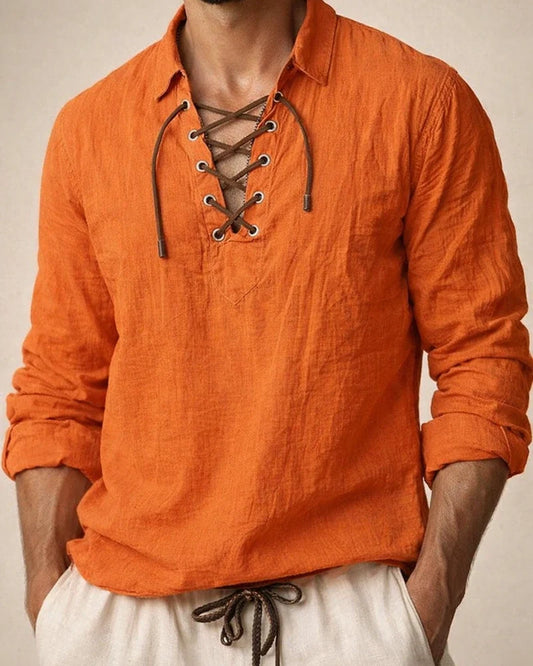 New Men's Linen Turn-down Collar Tie-front Shirt Casual and Stylish V-neck Long-sleeve Shirt | JRSEE:acd1d3d5-ba31-4ca9-b01c-dfd30a413e9b