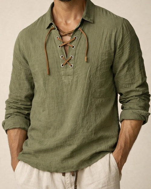 New Men's Linen Turn-down Collar Tie-front Shirt Casual and Stylish V-neck Long-sleeve Shirt | JRSEE:ab103d51-b578-444e-83e5-77ec6f41997d