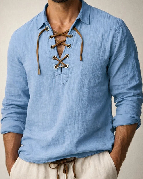 New Men's Linen Turn-down Collar Tie-front Shirt Casual and Stylish V-neck Long-sleeve Shirt | JRSEE:08242d47-d075-43ef-83d9-0b704280d700