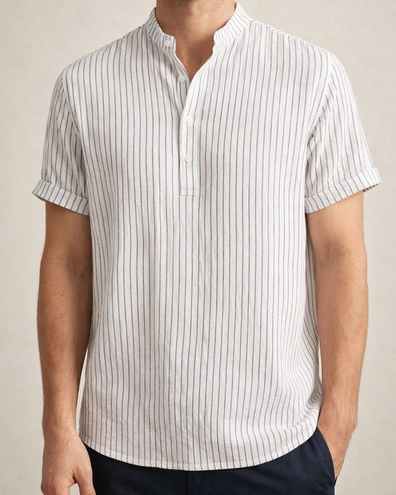 New Men's Stand-up Collar Striped Short-sleeved Shirt Loose Large Size Shirt | JRSEE:650d2553-aca0-444f-92fb-4489a16c7e31