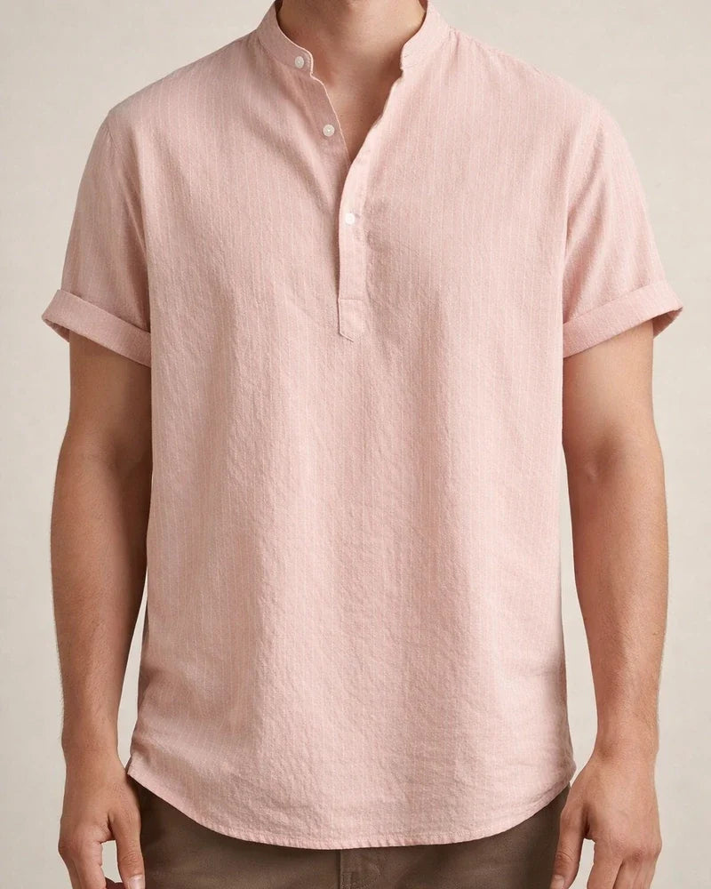 New Men's Stand-up Collar Striped Short-sleeved Shirt Loose Large Size Shirt | JRSEE:120c9872-8a8c-4c05-a773-390ca09a1fca