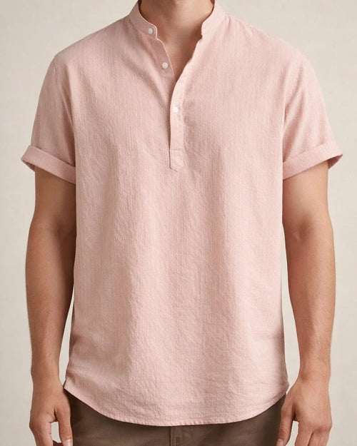 New Men's Stand-up Collar Striped Short-sleeved Shirt Loose Large Size Shirt | JRSEE:120c9872-8a8c-4c05-a773-390ca09a1fca