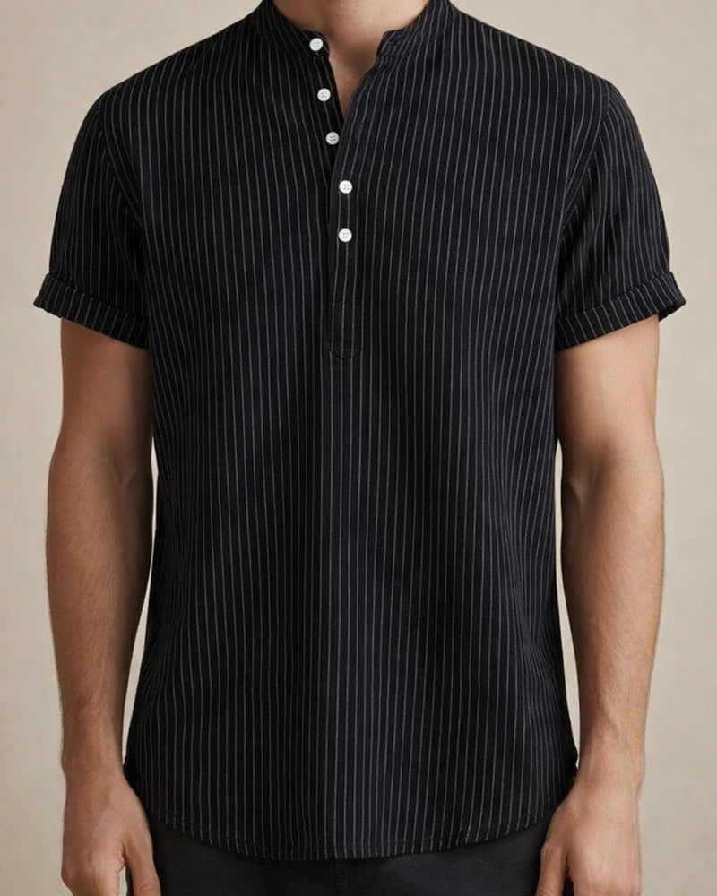 New Men's Stand-up Collar Striped Short-sleeved Shirt Loose Large Size Shirt | JRSEE:c5866a34-451c-42bd-aa1b-bf6c9d9a7b84