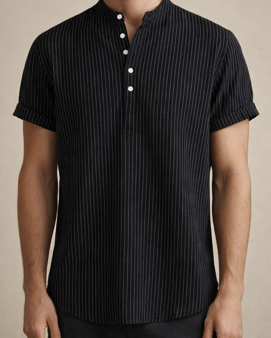 New Men's Stand-up Collar Striped Short-sleeved Shirt Loose Large Size Shirt | JRSEE:c5866a34-451c-42bd-aa1b-bf6c9d9a7b84